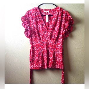 NWT Max Studio Boho Floral Blouse Womens Small w Tie back and waist scrunch